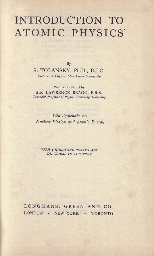 Introduction to atomic physics - Samuel Tolansky - copertina