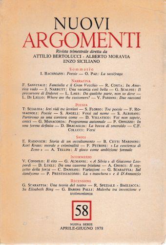 Nuovi argomenti. Rivista trimestrale, Aprile-Giugno 1978 n. 58 - copertina