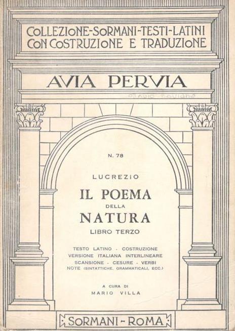 Il poema della natura, libro terzo - Tito Lucrezio Caro - copertina