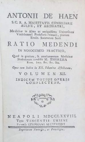 Ratio Medendi in Nosocomio Practico. Volumen XII - Anton de Haen - copertina