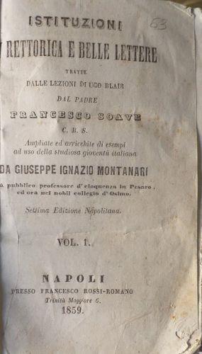 Istituzioni di Rettorica e Belle Lettere tratte dalle lezioni di Ugo Blair. Vol.I e II - Francesco Soave - copertina