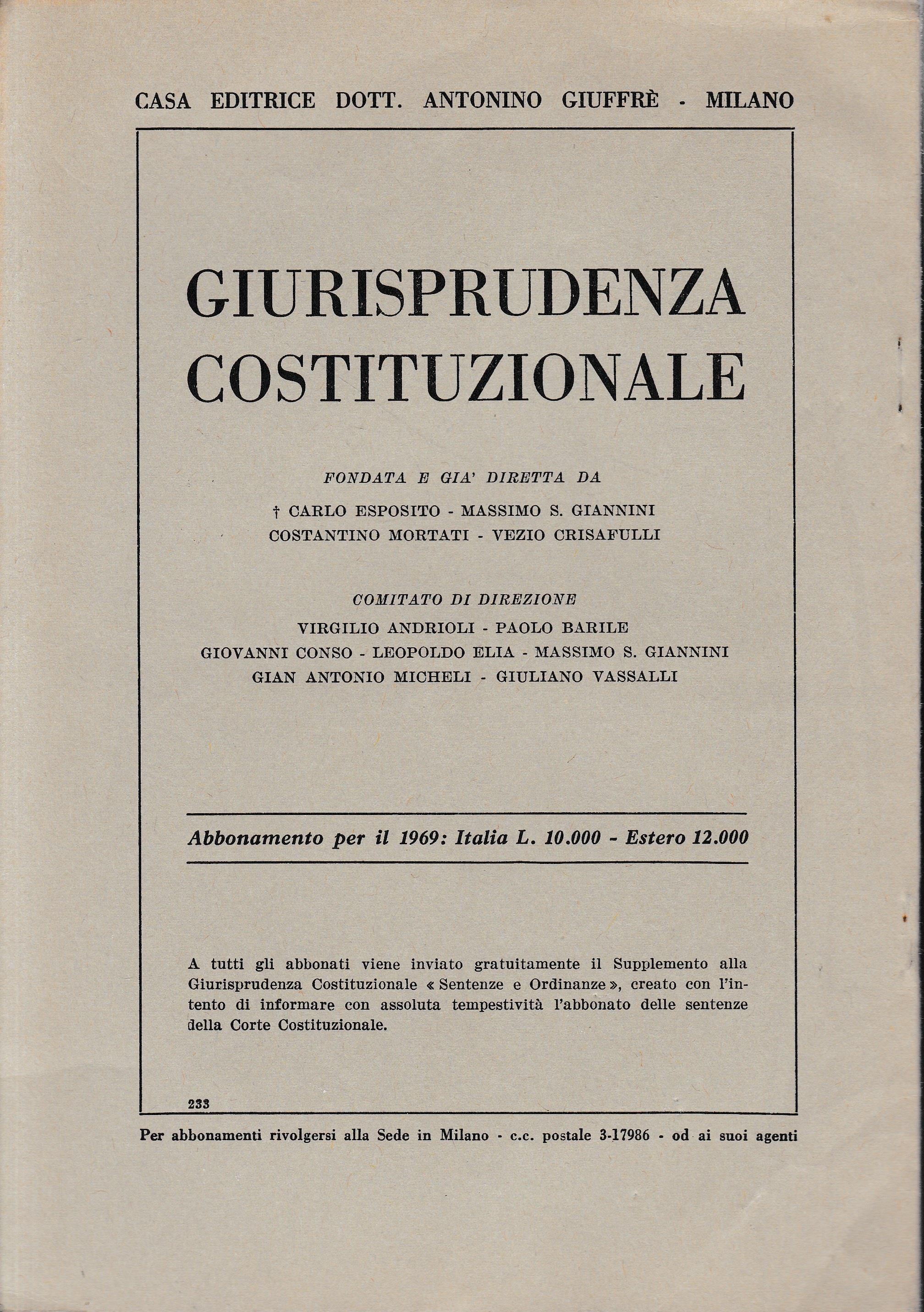 Giurisprudenza Costituzionale. Anno XIV - 1969, fasc. 2 (estratto)
