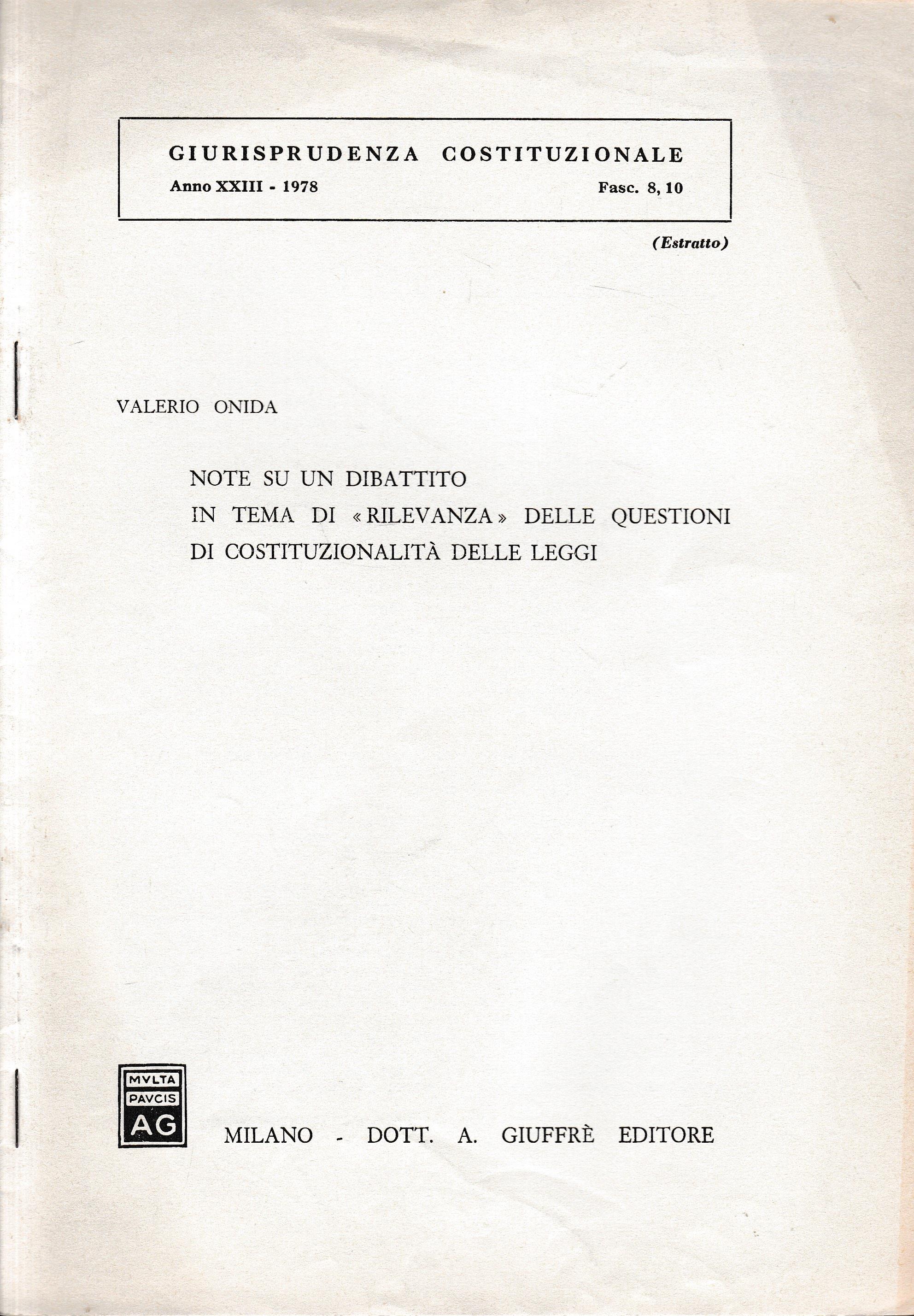 Giurisprudenza Costituzionale.Anno XXIII - 1978 - fasc. 8,10 (estratto)