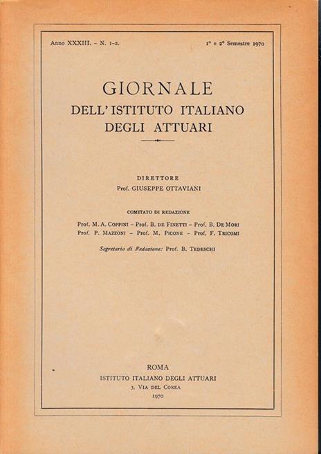 Giornale dell'Istituto Italiano degli Attuari. Anno 1°e 2° semestre 1970 - copertina