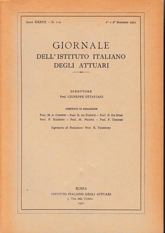 Giornale dell'Istituto Italiano degli Attuari. Anno 1°e 2° semestre 1970 - copertina