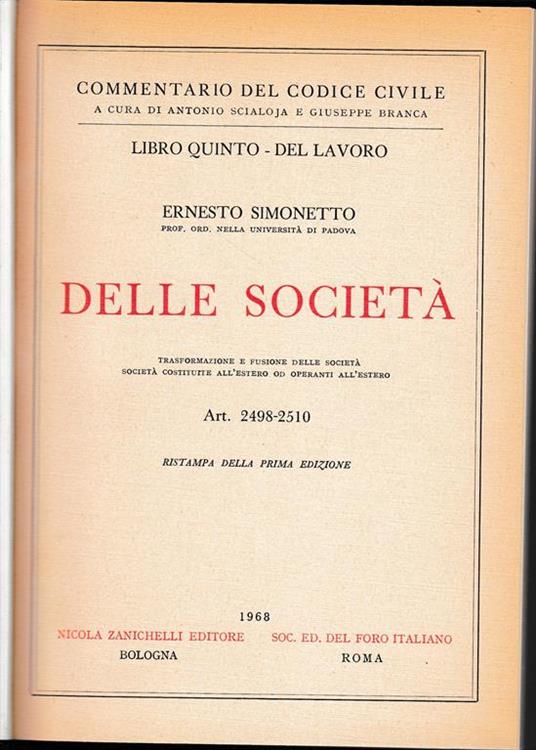 Delle Società. Art. 2498-2510 - Ernesto Simonetto - copertina