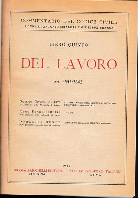 Del lavoro. Art. 2555-2642 - Giuseppe Auletta - copertina