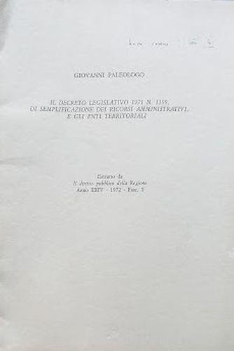 Il decreto legislativo 1971 N. 1199, di semplificazione dei ricorsi amministrativi, e gli enti territoriali - Giovanni Paleologo - copertina
