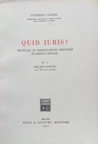Quid Juris? Manuale di Esercitazioni pratiche in Diritto Penale, vol. VI: Omicidio Colposo (art. 589 cod. pen.) - Ottorino Vannini - copertina