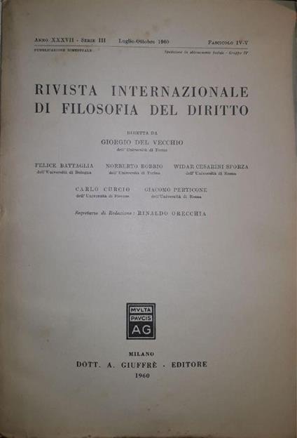 Rivista Internazionale di filosofia del diritto: fascicolo Luglio-ottobre 1960 - copertina