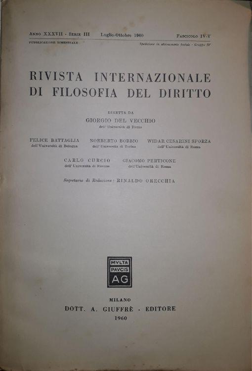 Rivista Internazionale di filosofia del diritto: fascicolo Luglio-ottobre 1960 - copertina