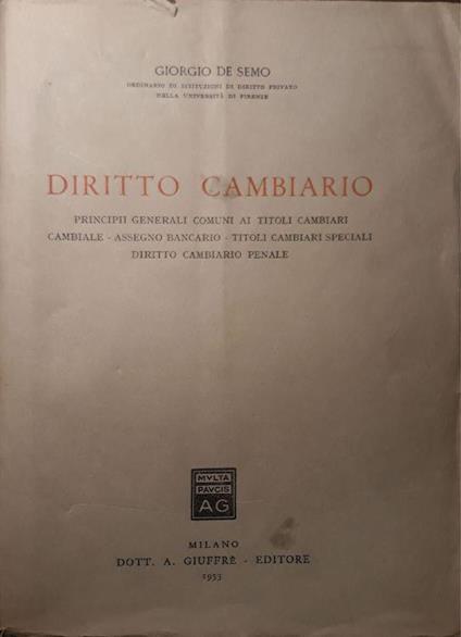 Diritto cambiario - Giorgio De Semo - copertina