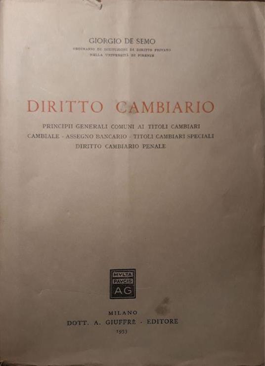 Diritto cambiario - Giorgio De Semo - copertina