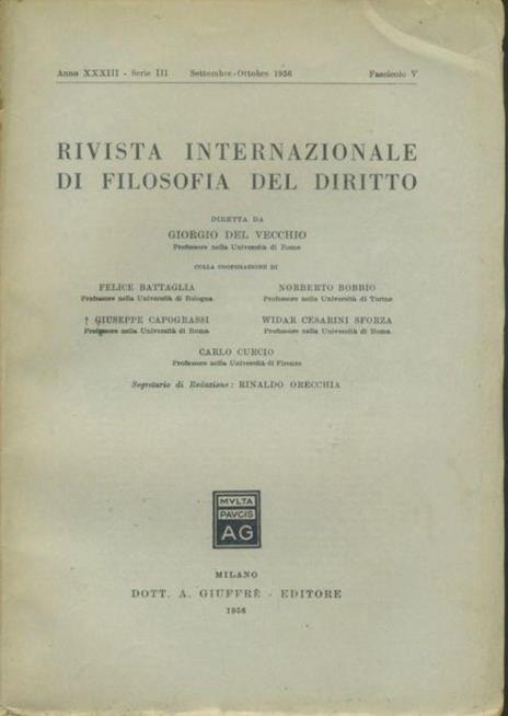 Rivista internazionale di filosofia del diritto. Anno XXXIII. Serie III. Settembre - Ottobre 1956 - Giorgio Del Vecchio - copertina
