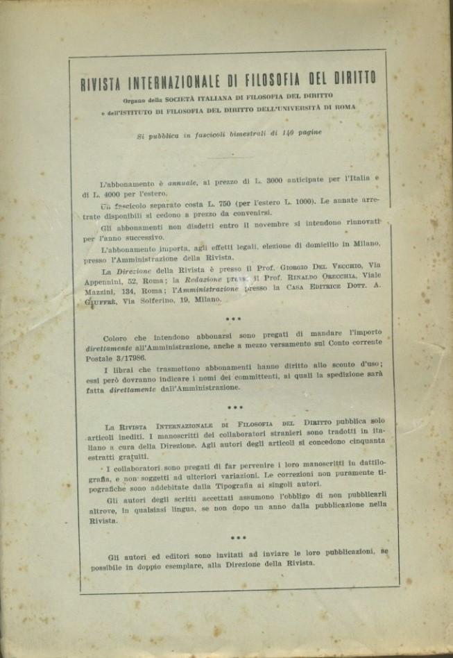 Rivista internazionale di filosofia del diritto. Anno XLI. Serie III. Gennaio - Aprile 1964