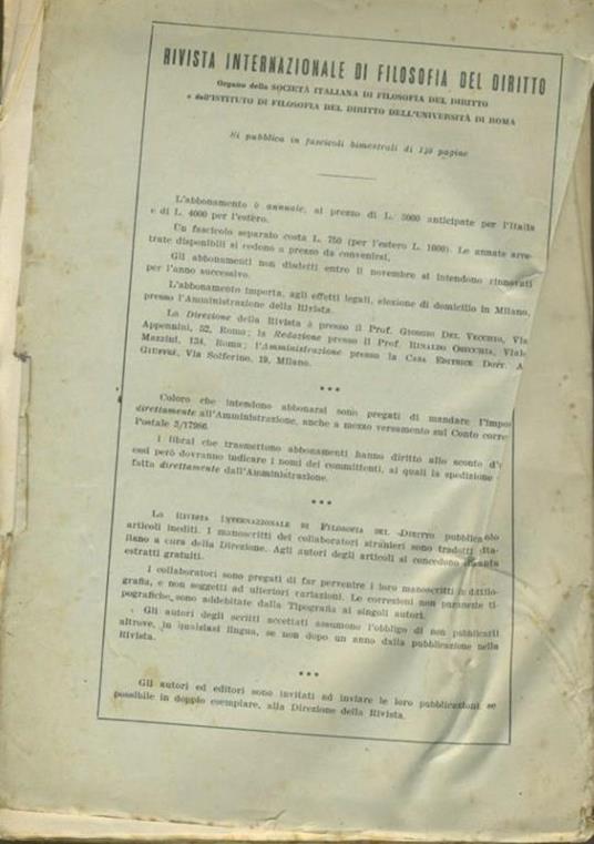 Rivista internazionale di filosofia del diritto. Anno XXXIX. Serie III. Gennaio - Giugno 1962 - Giorgio Del Vecchio - 2