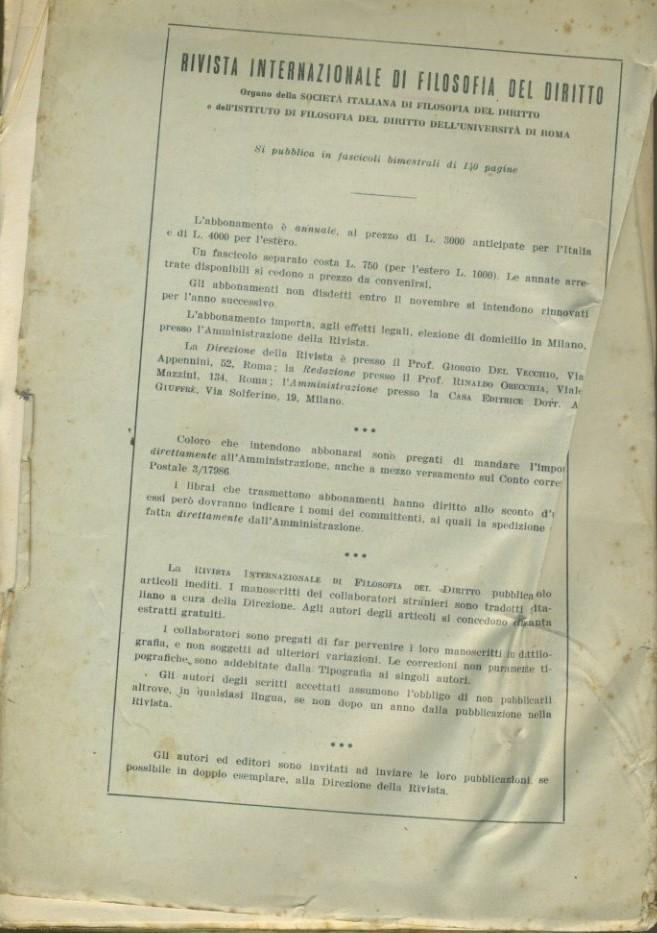 Rivista internazionale di filosofia del diritto. Anno XXXIX. Serie III. Gennaio - Giugno 1962
