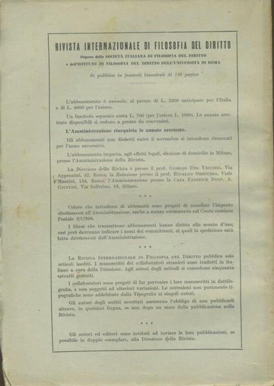 Rivista internazionale di filosofia del diritto. Anno XXXI. Serie III. Marzo - Aprile 1954 - Giorgio Del Vecchio - 2