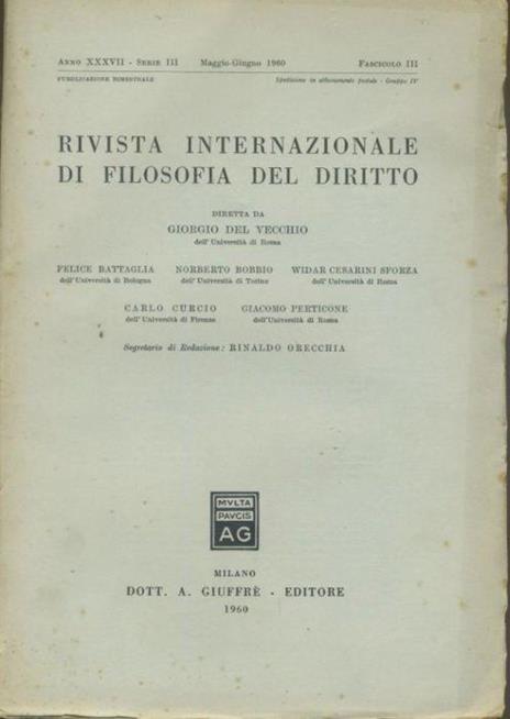 Rivista internazionale di filosofia del diritto. Anno XXXVII. Serie III. Maggio Giugno 1960 - Giorgio Del Vecchio - copertina