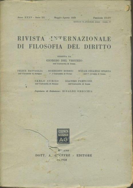 Rivista internazionale di filosofia del diritto. Anno XXXV. Serie III. Maggio - Agosto 1958 - Giorgio Del Vecchio - copertina