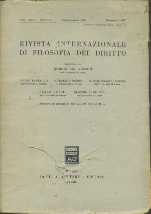 Rivista internazionale di filosofia del diritto. Anno XXXV. Serie III. Maggio - Agosto 1958 - Giorgio Del Vecchio - copertina
