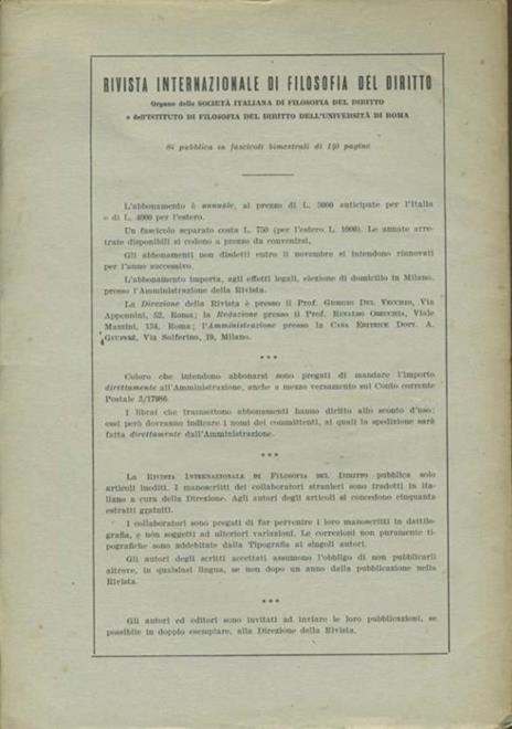 Rivista internazionale di filosofia del diritto. Anno XXXV. Serie III. Maggio - Agosto 1958 - Giorgio Del Vecchio - 2