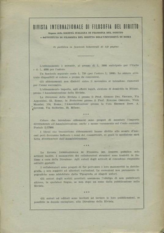 Rivista internazionale di filosofia del diritto. Anno XXXV. Serie III. Maggio - Agosto 1958 - Giorgio Del Vecchio - 2