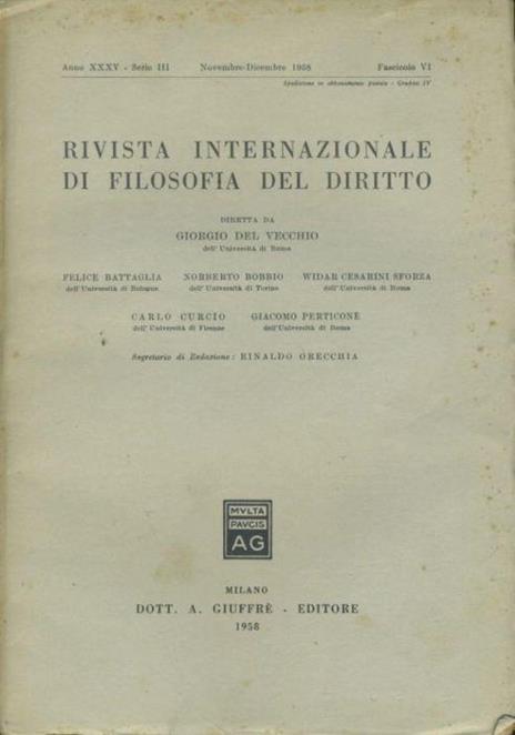 Rivista internazionale di filosofia del diritto. Anno XXXV. Serie III. Novembre - Dicembre 1958 - Giorgio Del Vecchio - copertina