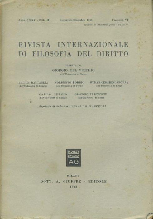 Rivista internazionale di filosofia del diritto. Anno XXXV. Serie III. Novembre - Dicembre 1958 - Giorgio Del Vecchio - copertina