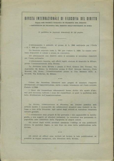 Rivista internazionale di filosofia del diritto. Anno XXXV. Serie III. Novembre - Dicembre 1958 - Giorgio Del Vecchio - 2