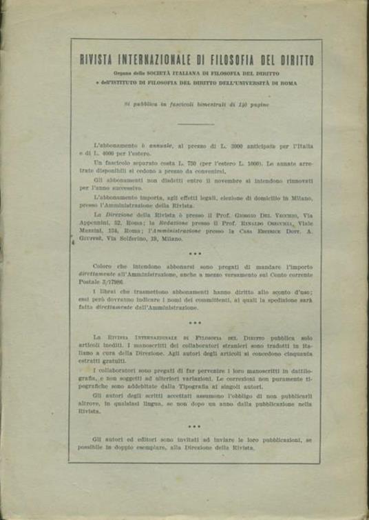Rivista internazionale di filosofia del diritto. Anno XXXV. Serie III. Novembre - Dicembre 1958 - Giorgio Del Vecchio - 2