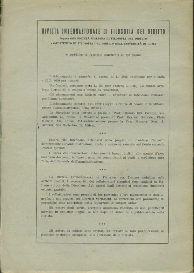 Rivista internazionale di filosofia del diritto. Anno XXXV. Serie III. Novembre - Dicembre 1958