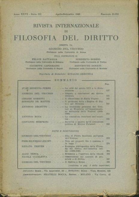 Rivista internazionale di filosofia del diritto. Anno XXVI. Serie III. Aprile- Settembre 1949 - Giorgio Del Vecchio - copertina