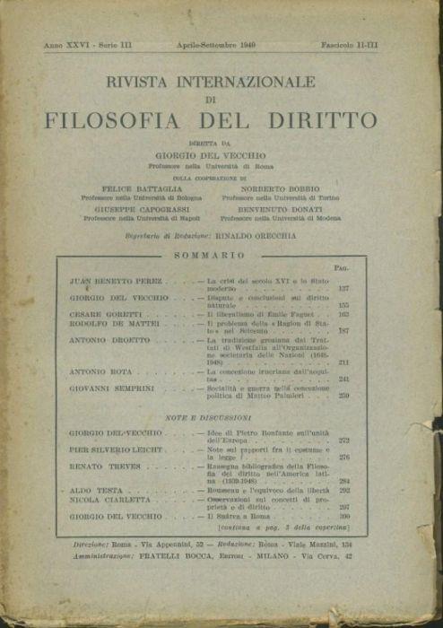 Rivista internazionale di filosofia del diritto. Anno XXVI. Serie III. Aprile- Settembre 1949 - Giorgio Del Vecchio - copertina