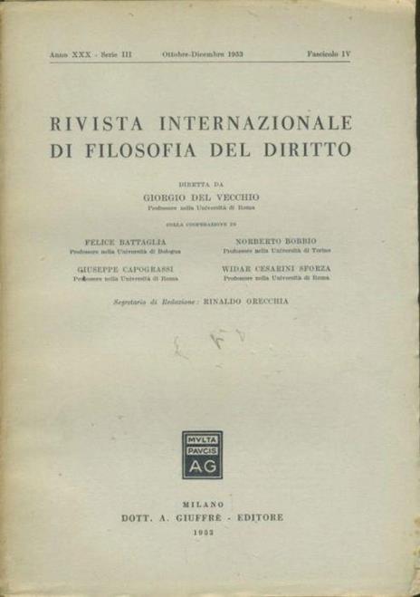 Rivista internazionale di filosofia del diritto. Anno XXX. Serie III. Ottobre- Dicembre 1953 - Giorgio Del Vecchio - copertina