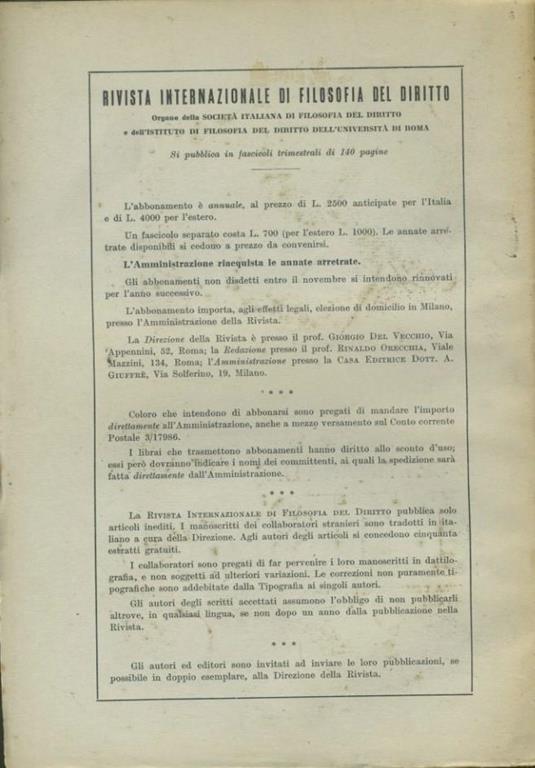 Rivista internazionale di filosofia del diritto. Anno XXX. Serie III. Ottobre- Dicembre 1953 - Giorgio Del Vecchio - 2