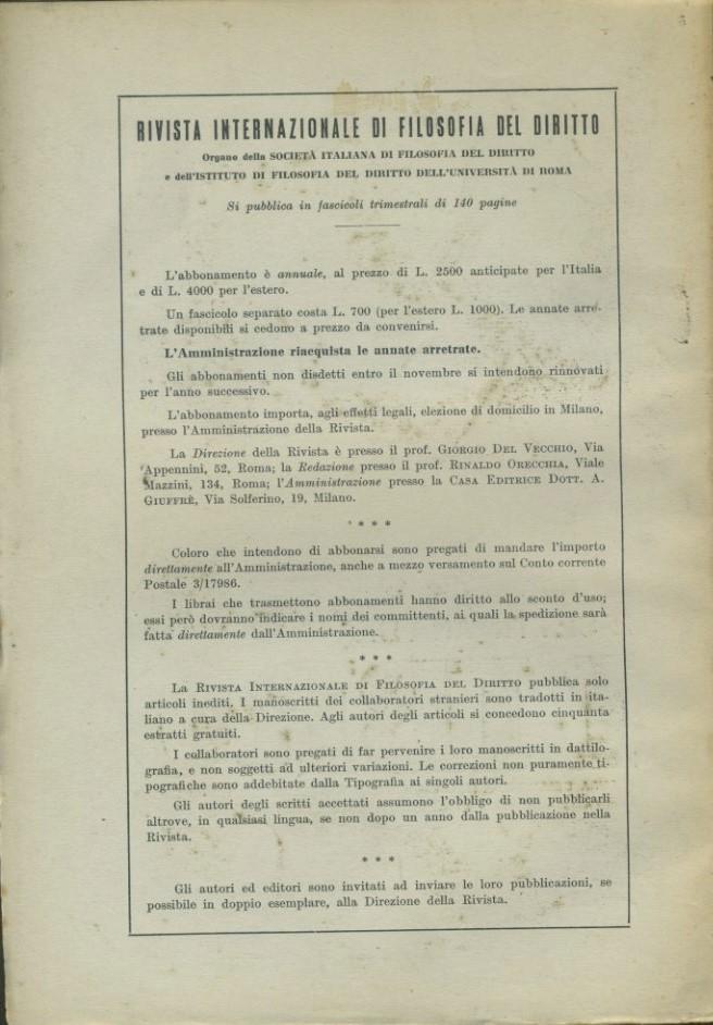 Rivista internazionale di filosofia del diritto. Anno XXX. Serie III. Ottobre- Dicembre 1953