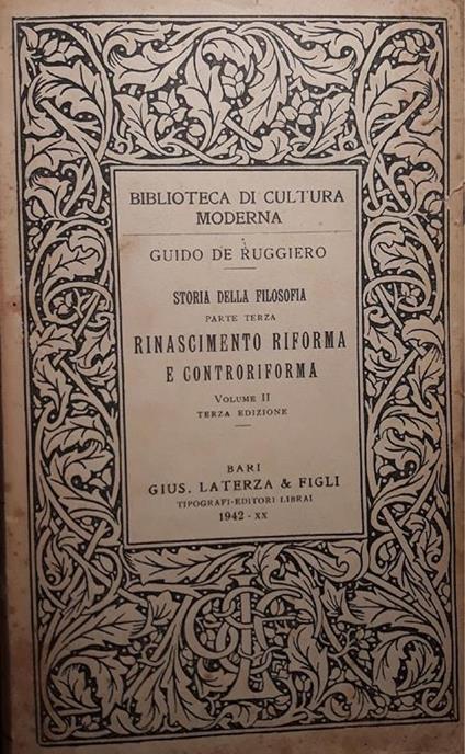 Storia della filosofia - rinascimento riforma e controriforma (volume II) - Guido De Ruggiero - copertina