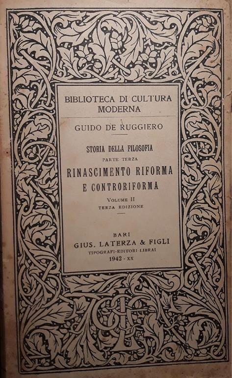 Storia della filosofia - rinascimento riforma e controriforma (volume II) - Guido De Ruggiero - copertina
