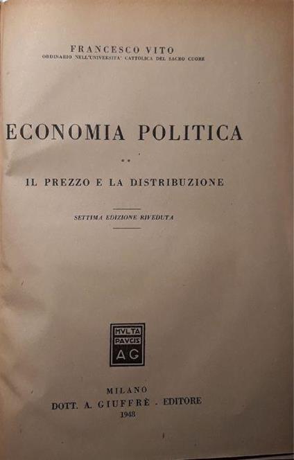 Economia Politica - il prezzo e la distribuzione - Francesco Vito - copertina