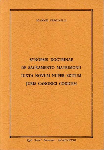Synopsis doctrinae de sacramento matrimonii iuxta novum nuper editum juris canonici codicem - copertina