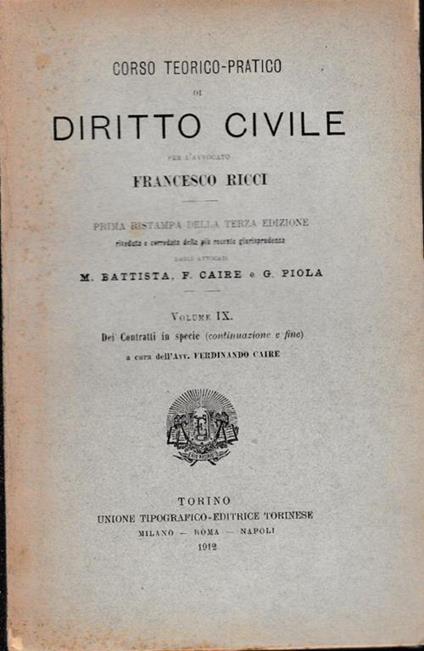 Corso teorico-pratico di Diritto Civile, vol. IX - Francesco Ricci - copertina
