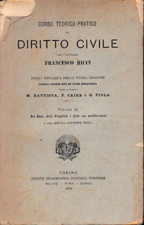 Corso teorico-pratico di diritto civile. Vol. II: Dei beni, della proprietà e delle sue modificazioni - Francesco Ricci - copertina