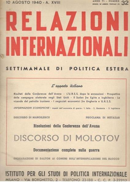 Relazioni Internazionali: settimanale di politica estera. Discorso di Molotov n.32 - 1940 - copertina