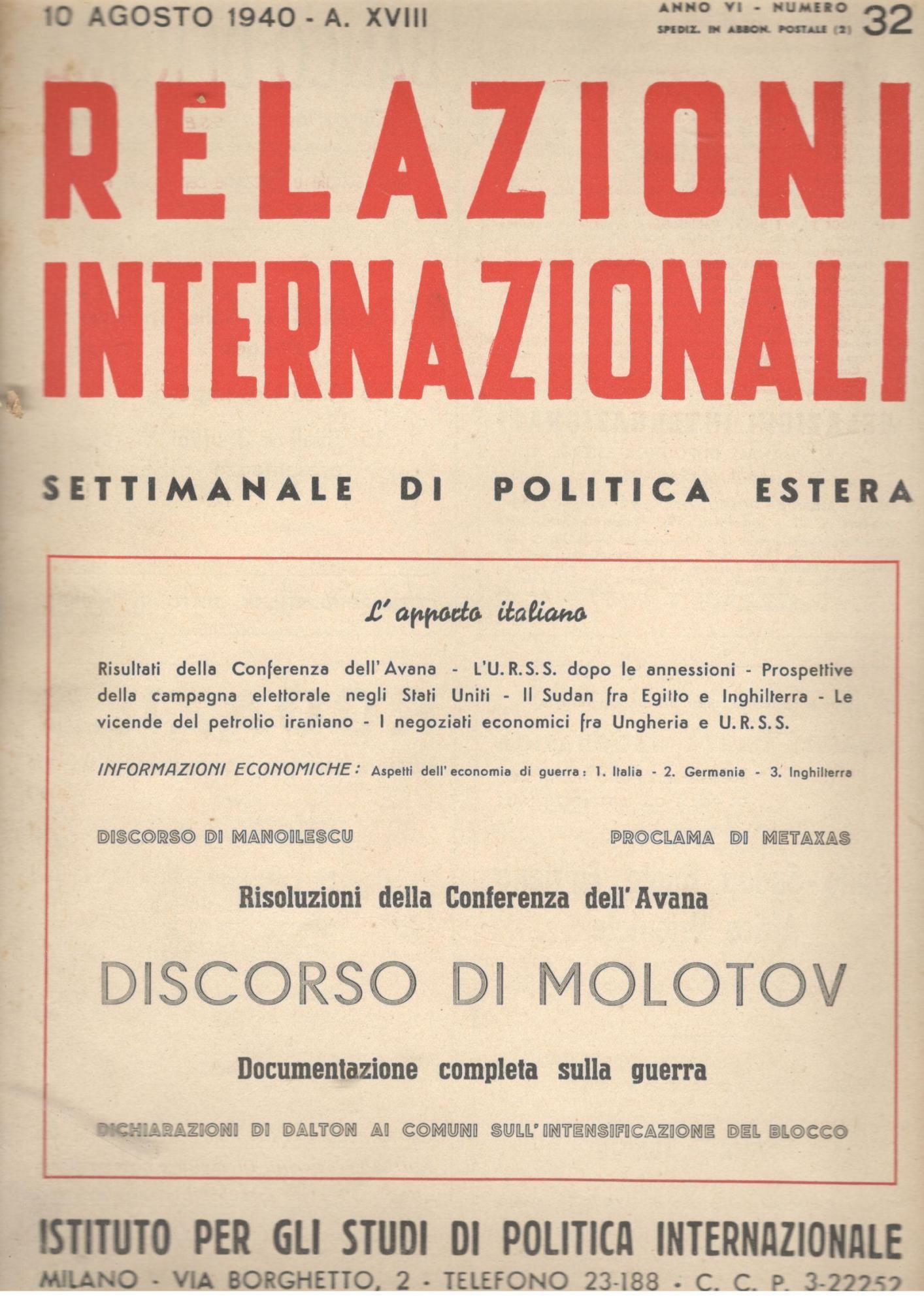 Relazioni Internazionali: settimanale di politica estera. Discorso di Molotov n.32 - 1940