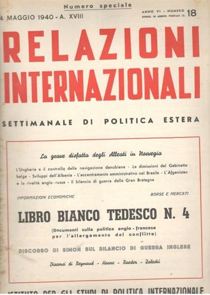 Relazioni Internazionali: settimanale di politica estera. Libro bianco tedesco n.4 (n. 18. 1940) - copertina