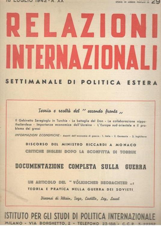 Relazioni Internazionali: settimanale di politica estera. Documentazione completa sulla guerra (n. 29. 1940) - copertina
