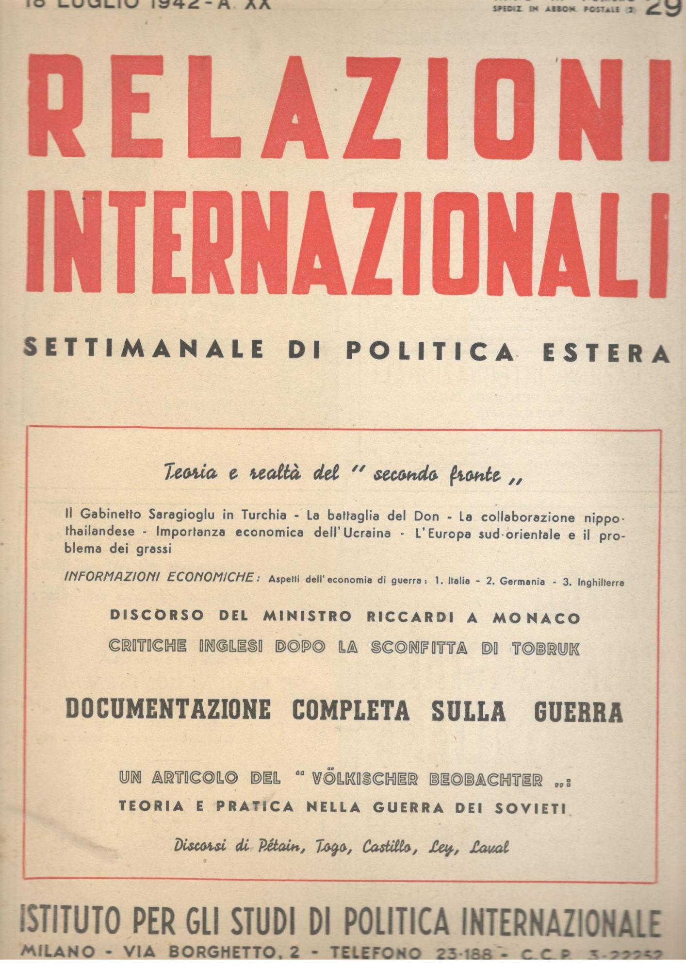 Relazioni Internazionali: settimanale di politica estera. Documentazione completa sulla guerra (n. 29. 1940)
