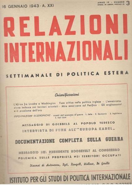 Relazioni Internazionali: settimanale di politica estera. Documentazione completa sulla guerra (n. 3. 1943) - copertina