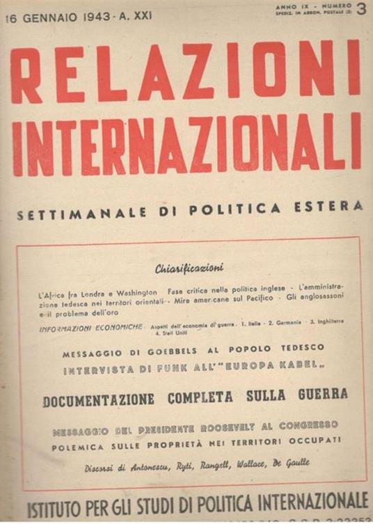 Relazioni Internazionali: settimanale di politica estera. Documentazione completa sulla guerra (n. 3. 1943) - copertina